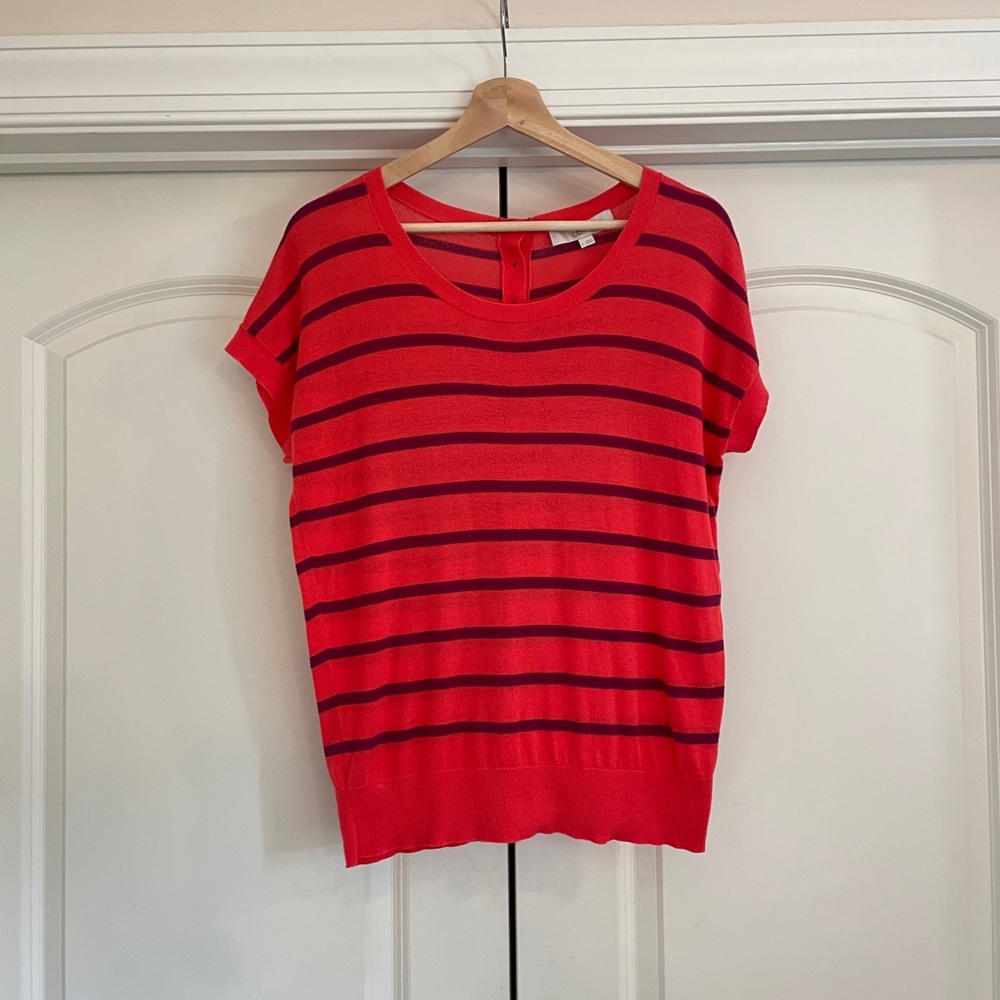 Ann Taylor Loft coral and purple stripe shirt sleeve shirt. 100% cotton.